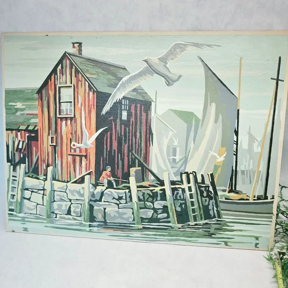 Vintage Paint by Number Red Barn Fisherman Seagulls Boats By The Sea 16x12 Pt 1